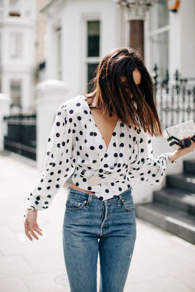 polka dot tie waist blouse jeans outfit
