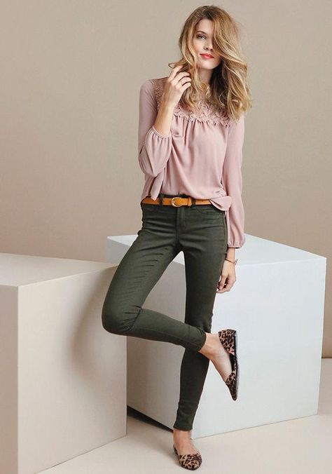 green skinny jeans romantic blouse
