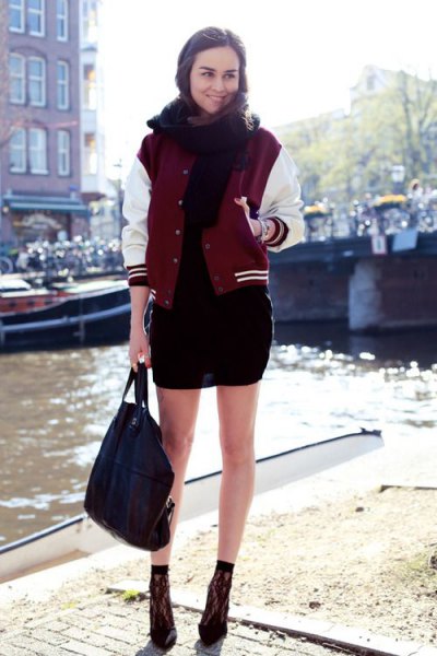 black bodycon dress red and white baseball jacket