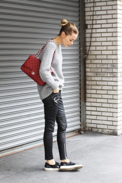 leather sneakers gray chunky knitted sweater
