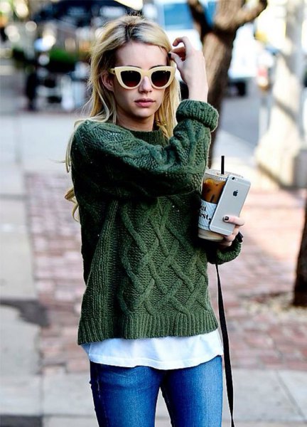 green chunky knitted sweater skinny jeans