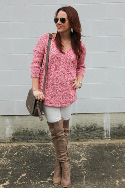 pink chunky marled knitted sweater thigh high boots