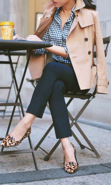 trench coat check shirt leopard shoes