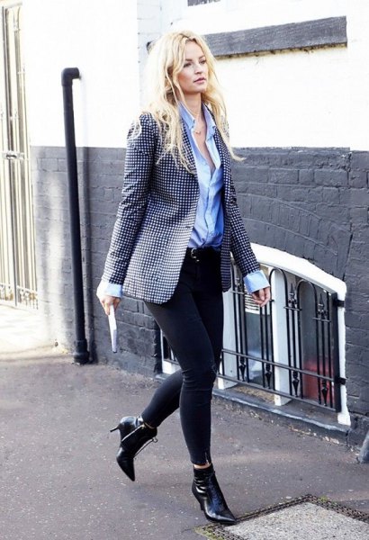 pointed toe ankle boots with polka dot blazer