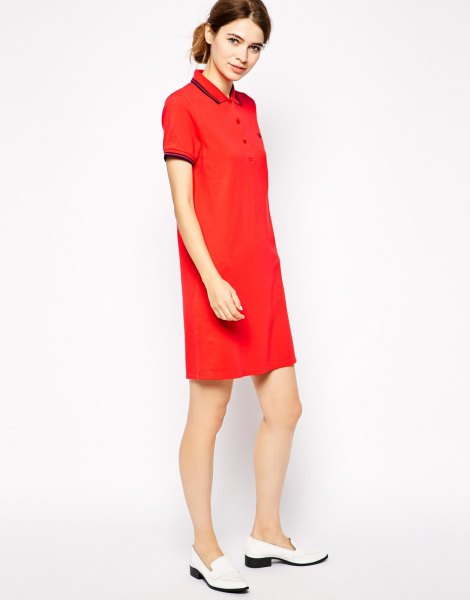 red polo shirt dress white loafers outfit
