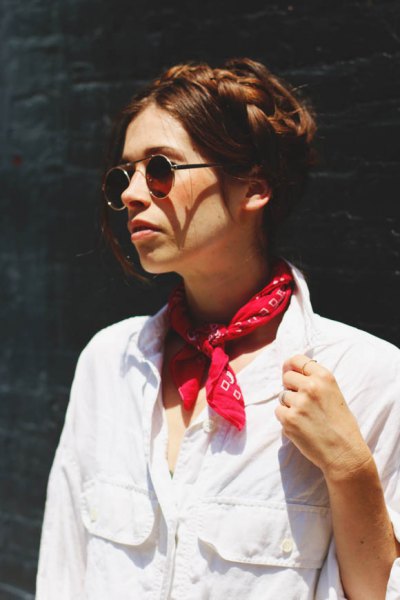 white linen button up shirt red silk scarf