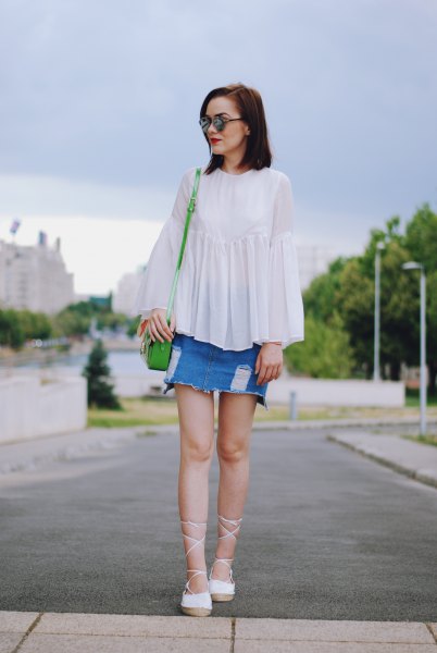 white top denim skirt strappy heels