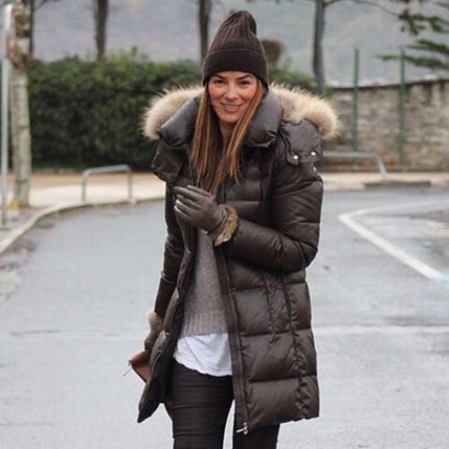 gray knitted sweater black puffer jacket