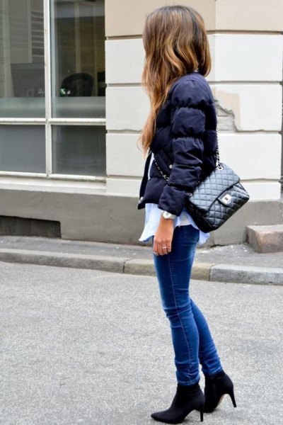 white button up shirt slim jeans puffer jacket