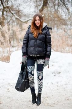 puffer jacket printed jeans