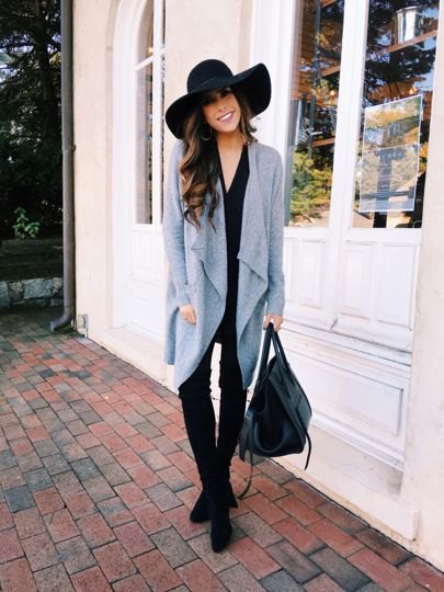 gray cardigan leather leggings outfit