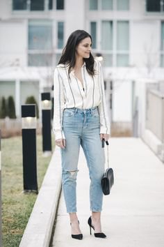 vertical striped white blouse mom jeans