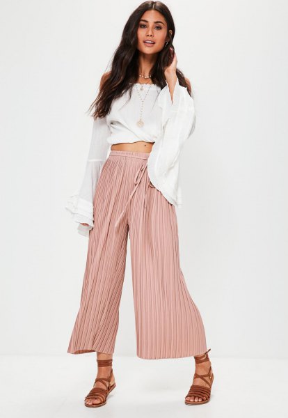 cropped white blouse pale pink culottes