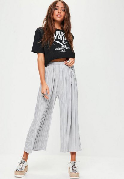 black t-shirt with gray pleated culottes