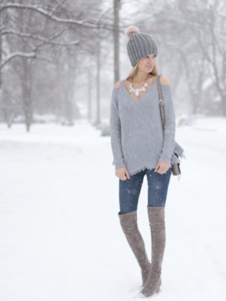 cold shoulder sweater skinny jeans knee high boots