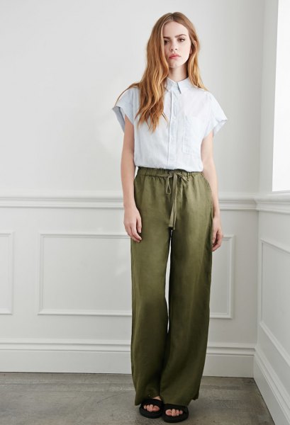olive green linen pants white blouse outfit