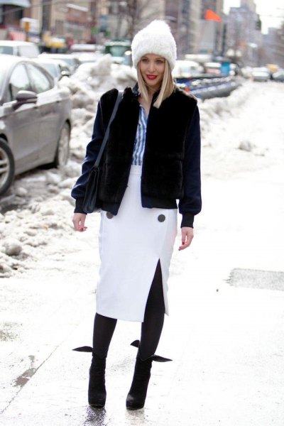 white midi pencil skirt black fleece jacket in winter