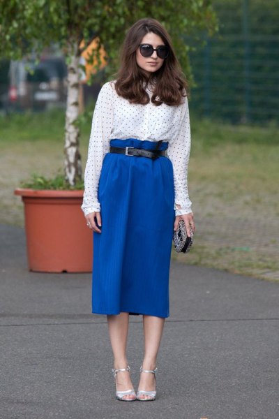 with waist royal blue skirt with polka dot shirt with high waist