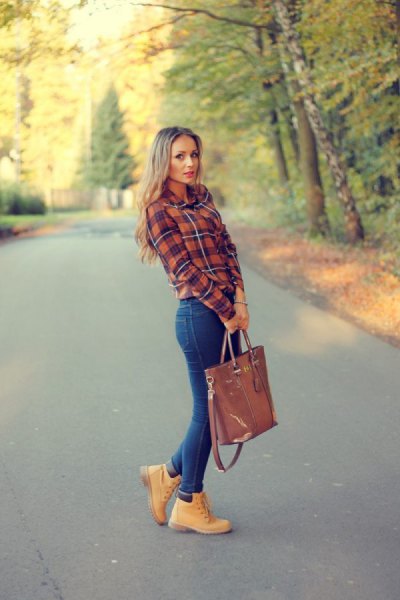 timberland boot with checkered flannel shirt