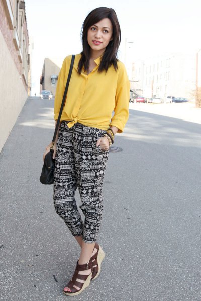 yellow knit shirt printed trousers