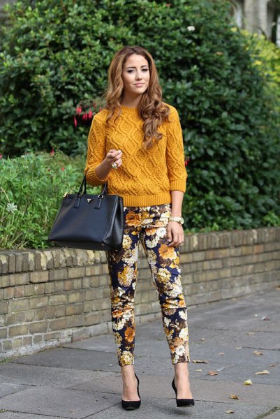 floral pants green yellow knitted sweater