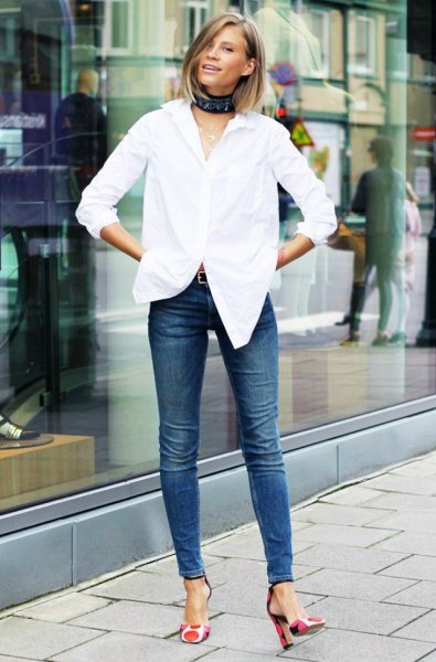 white shirt skinny jeans heels