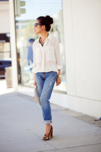 tucked in white shirt cuff jeans