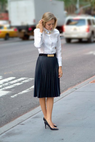 white button up shirt pleated midi pencil skirt