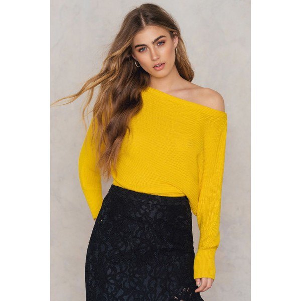 lemon yellow off the shoulder knit sweater lace skirt