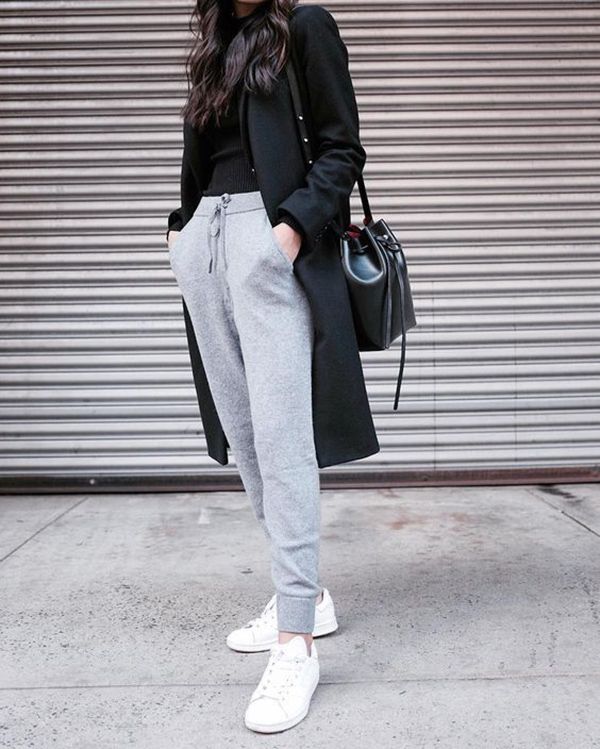 black long coat with joggers