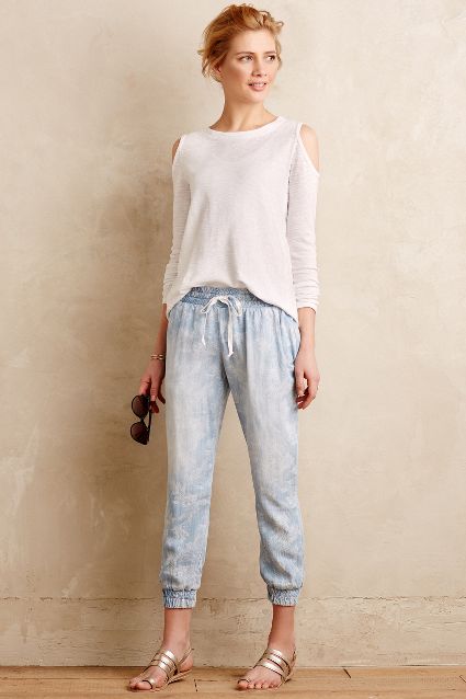cold shoulders white top jean pants