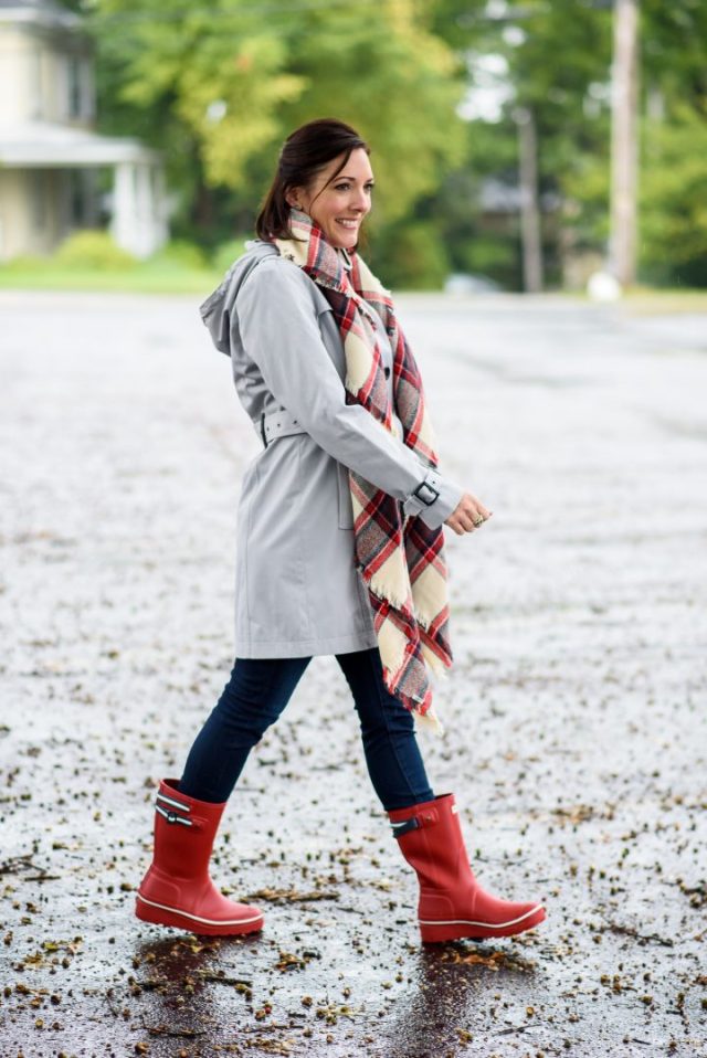 red rain boots with gray cloak