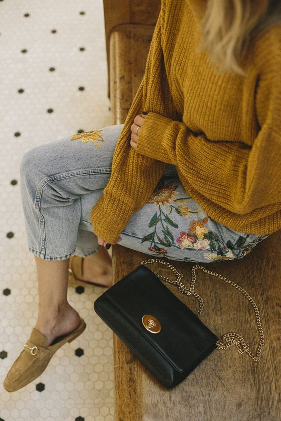 embroidered jeans mustard yellow sweater