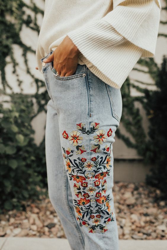 embroidered jeans white ruffle sweater