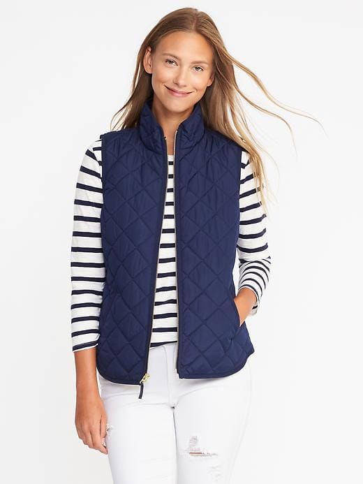 navy blue quilted vest striped tee