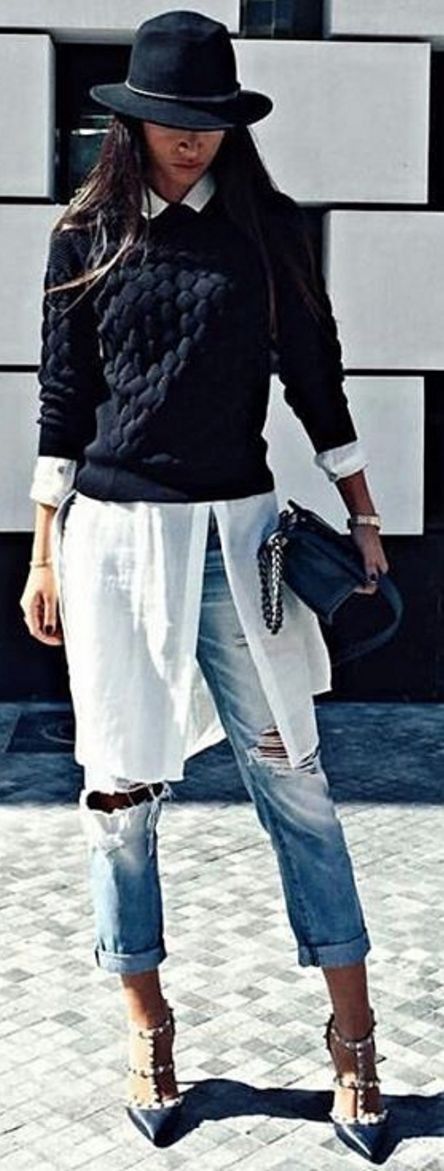 long white shirt with black fit sweater