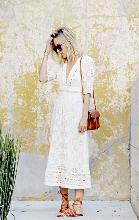white lace dress with v-neck