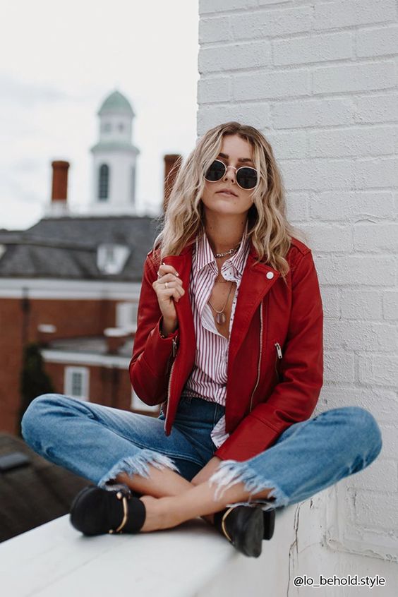 pink striped shirt red leather jacket