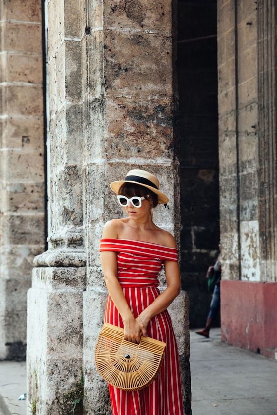 red striped of the shoulder dress