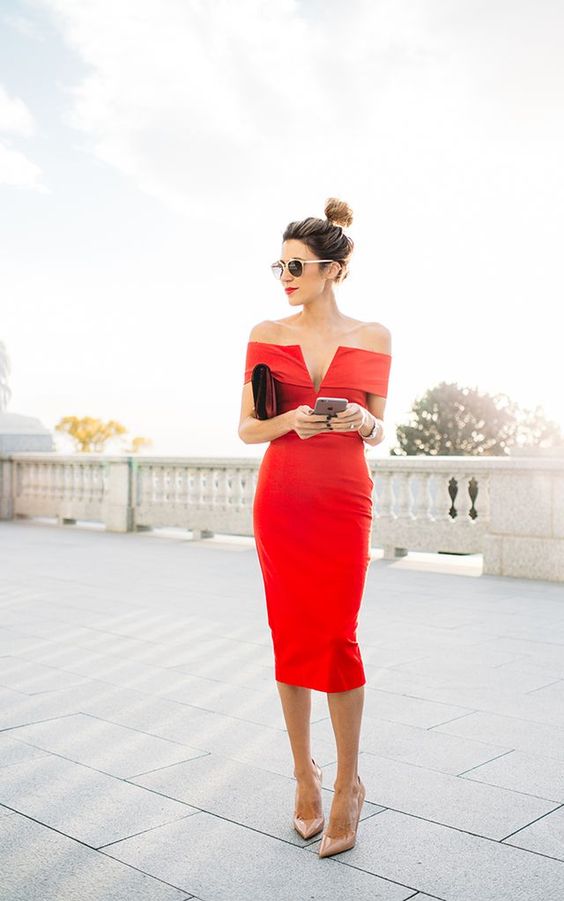 red pencil from the shoulder dress
