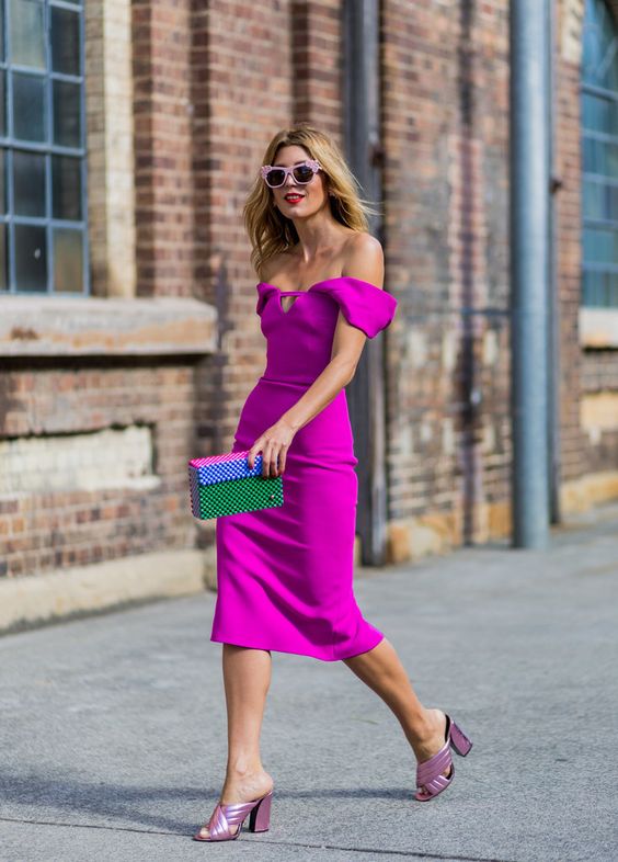 pink midi from the shoulder dress