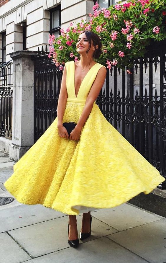 yellow tea length dress