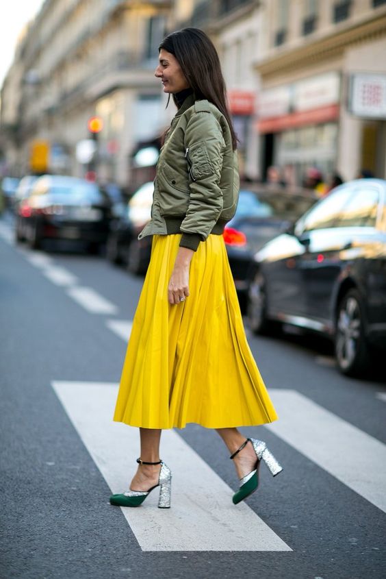 yellow skirt green bomber jacket
