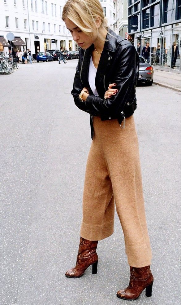 cropped leather jacket brown pants