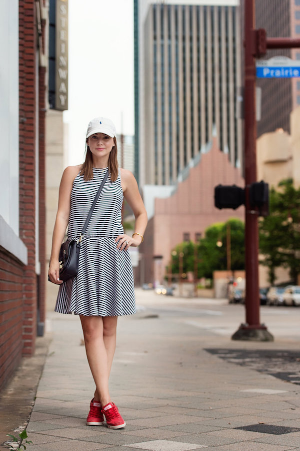 striped dress baseball cap cute outfit