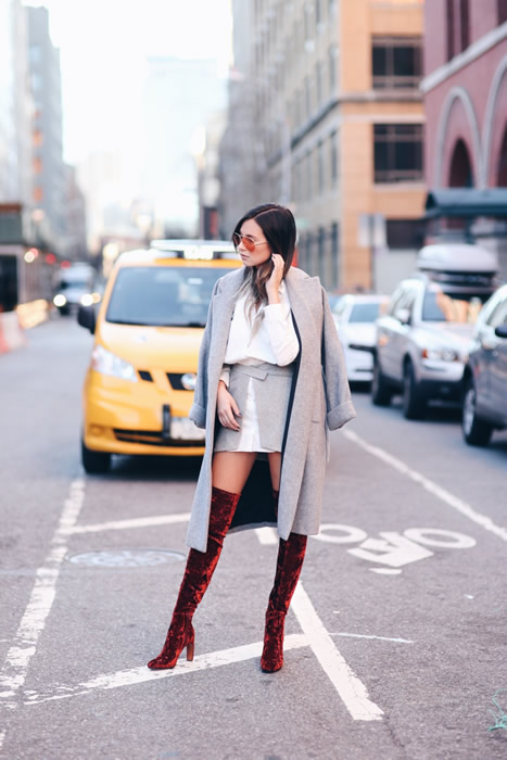velvet burgundy thigh high boots outfit