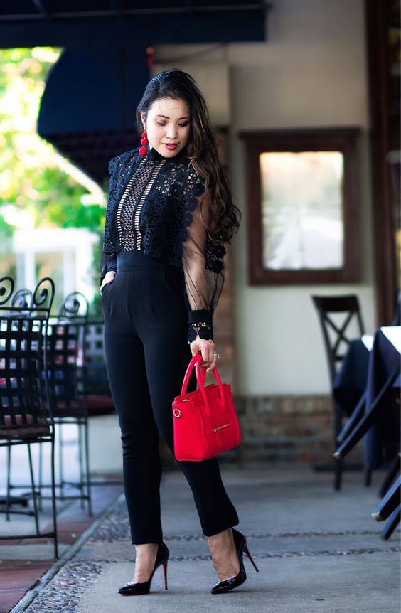 black lace jumpsuit red combo