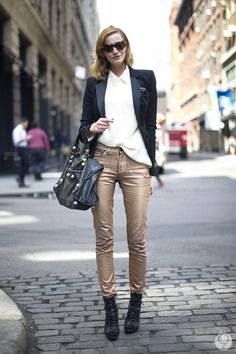 black blazer with white shirt and skinny gold pants