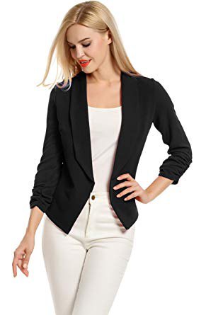 black knitted blazer with white top with scoop neck and matching slim jeans