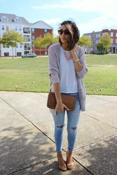 gray sweater cardigan with white tee and light blue ripped skinny jeans